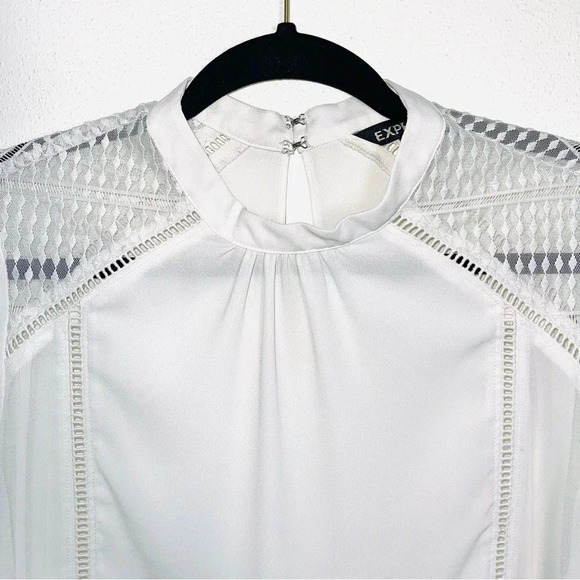 Express White High Neck Sheer Lattice Flutter Sleeve Blouse Large Women’s - Picture 2 of 11